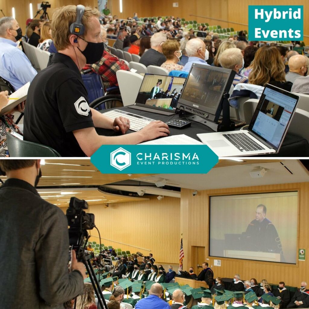 The words "Charisma Event Productions" bisect two stacked images of a graduation auditorium and a man live streaming the hybrid event.