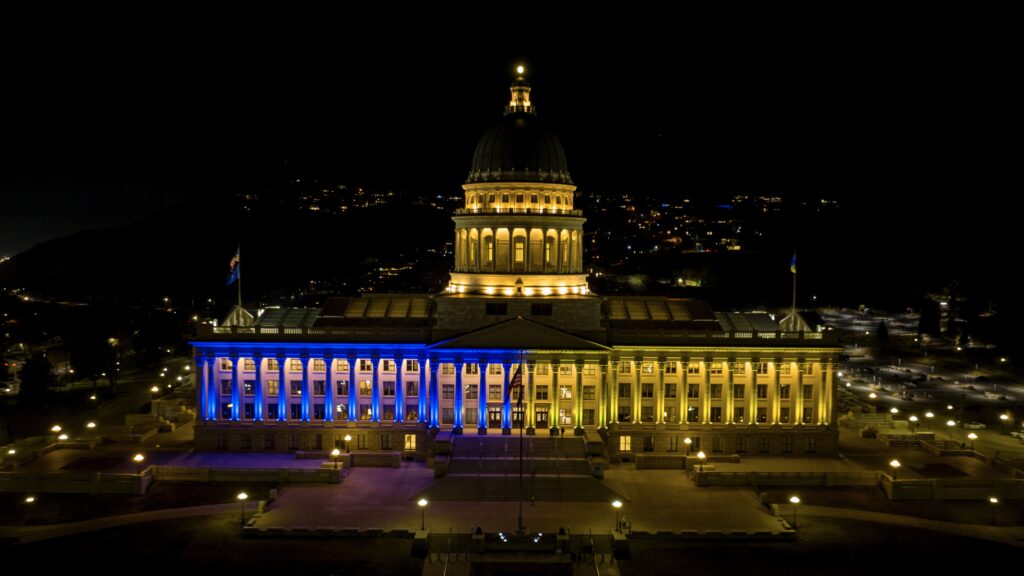 Ukraine Lights at Utah State Capitol event production elements - Uplighting